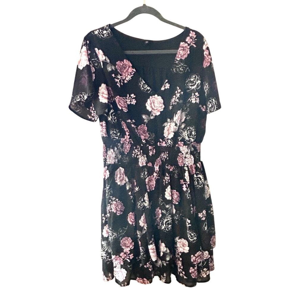 Torrid 1 Floral Chiffon Mini Babydoll Dress Black V Neck Fairycore Cocktail